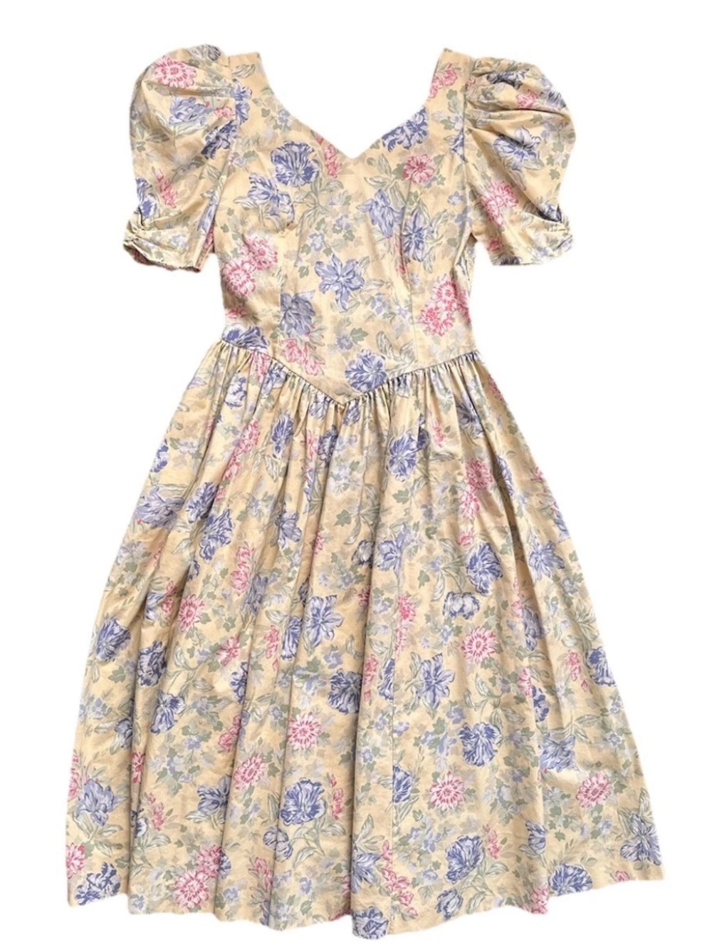VTG 80s Laura Ashley yellow pastel floral tea dress puff sleeve bow back cottage